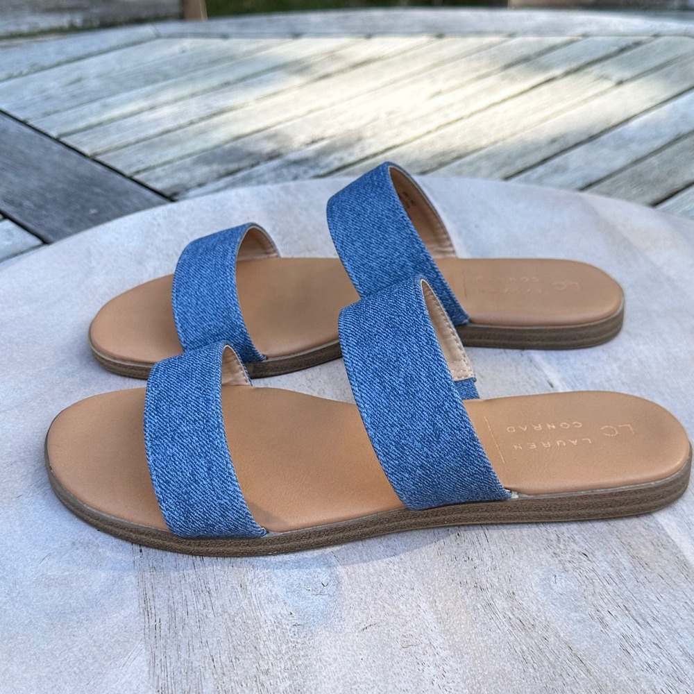 Lauren Conrad LC Womens Slide Sandals Size 8 Blue Denim Double Strap Flat Slides - Picture 10 of 13